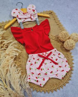 Conjunto Infantil Body Frufru, Short e Laço Cereja Rosa