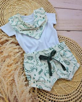 Conjunto Infantil Body, Short e Bandana Dino Off Verde