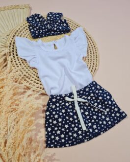 Conjunto Infantil Body Frufru, Saia e Laço Estrelas