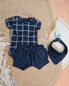 Conjunto Infantil Body, Short e Bandana Xadrez Preto Grid – 1